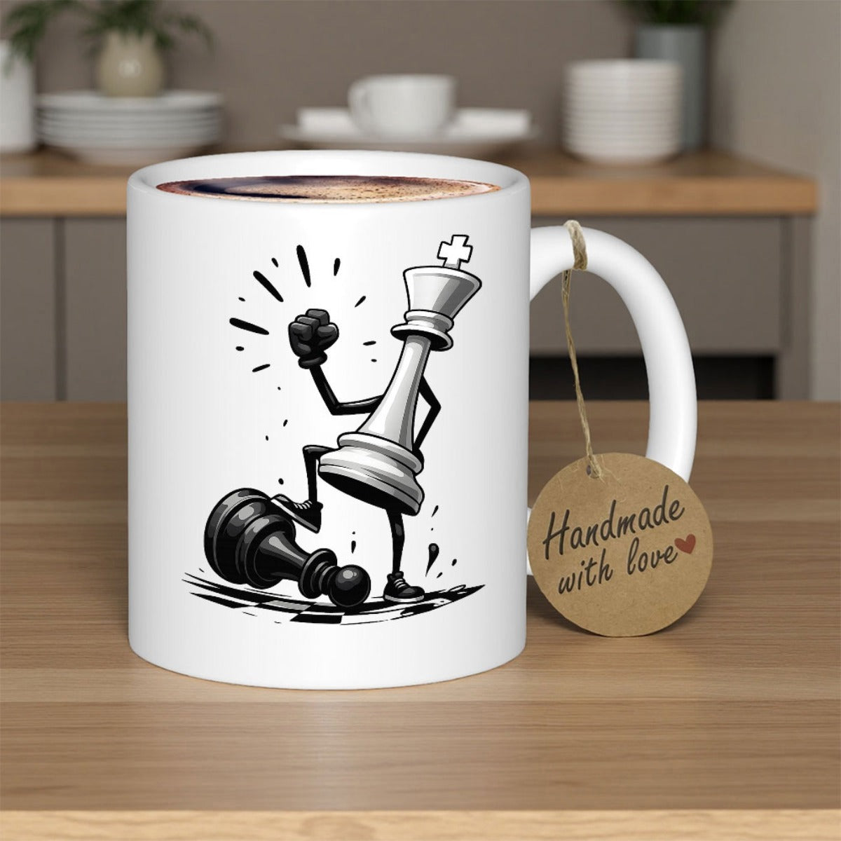 Tailorly White Ceramic 11 oz Mug - Victory Celebration Over Fallen Opponent Pawn In Dynamic Sketch Style King