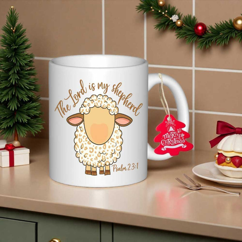 Tailorly White Ceramic 11 oz Mug - The Lord Is My Shepherd Cute Fluffy Cartoon Lamb Standing In A Warm Home Kitchen Sheep