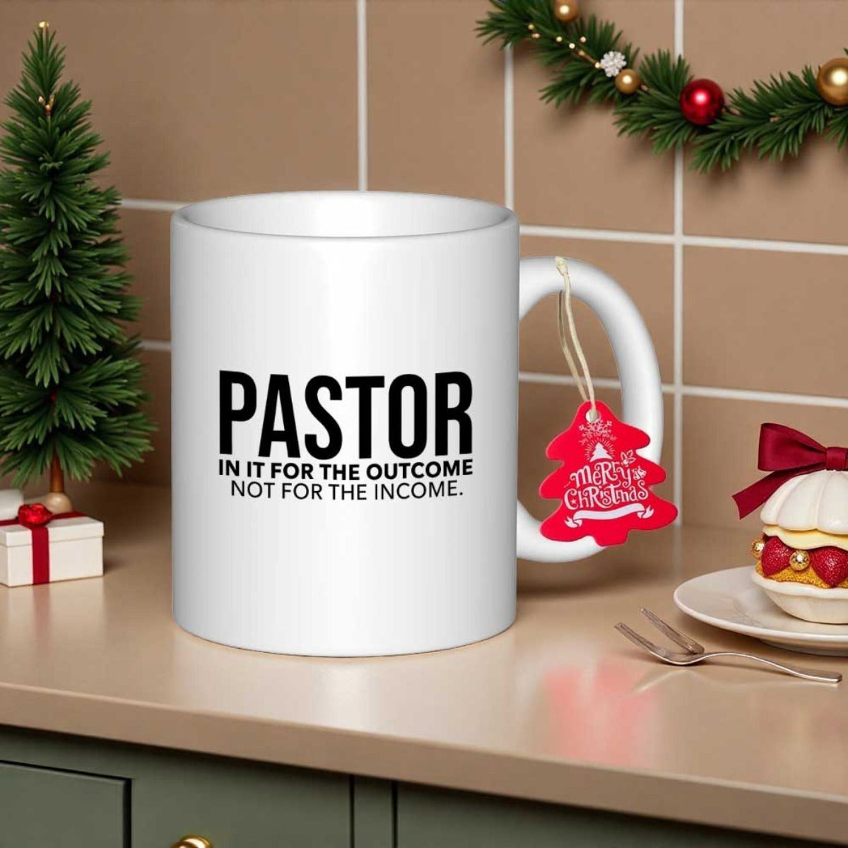 Tailorly White Ceramic 11 oz Mug - Pastor In It For The Outcome Not For The Income Minimalist Bold Black Lettering Printed On Pure
