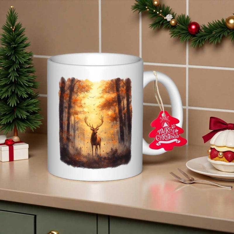 Tailorly White Ceramic 11 oz Mug - Golden Sunlight Streaming Through Tall Trees With A Majestic Wild Deer