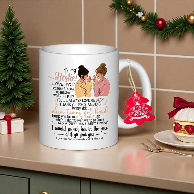 Tailorly White Ceramic 11 oz Mug - To My Bestie I Love You Two Girls Sitting Together Sharing A Heartwarming Moment Illustration