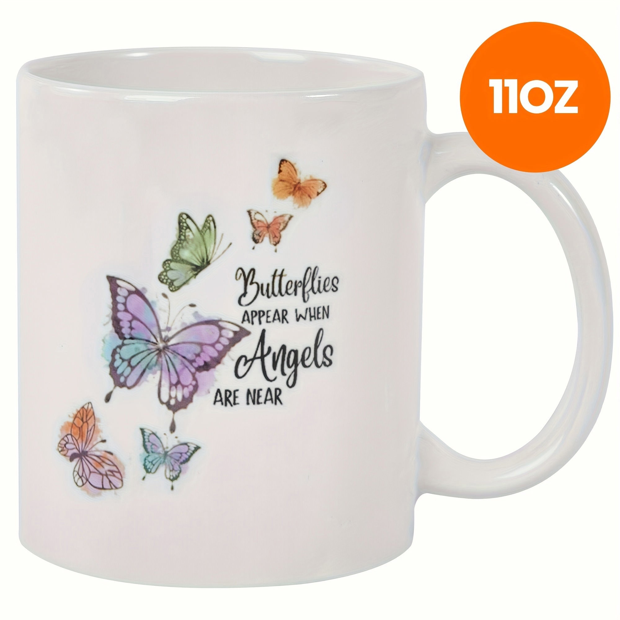 Tailorly White Ceramic 11 oz Mug - Butterflies Appear When Angels Are Near Colorful Watercolor Wings Fluttering Gently Among Soft Scattered Delicate Artistic