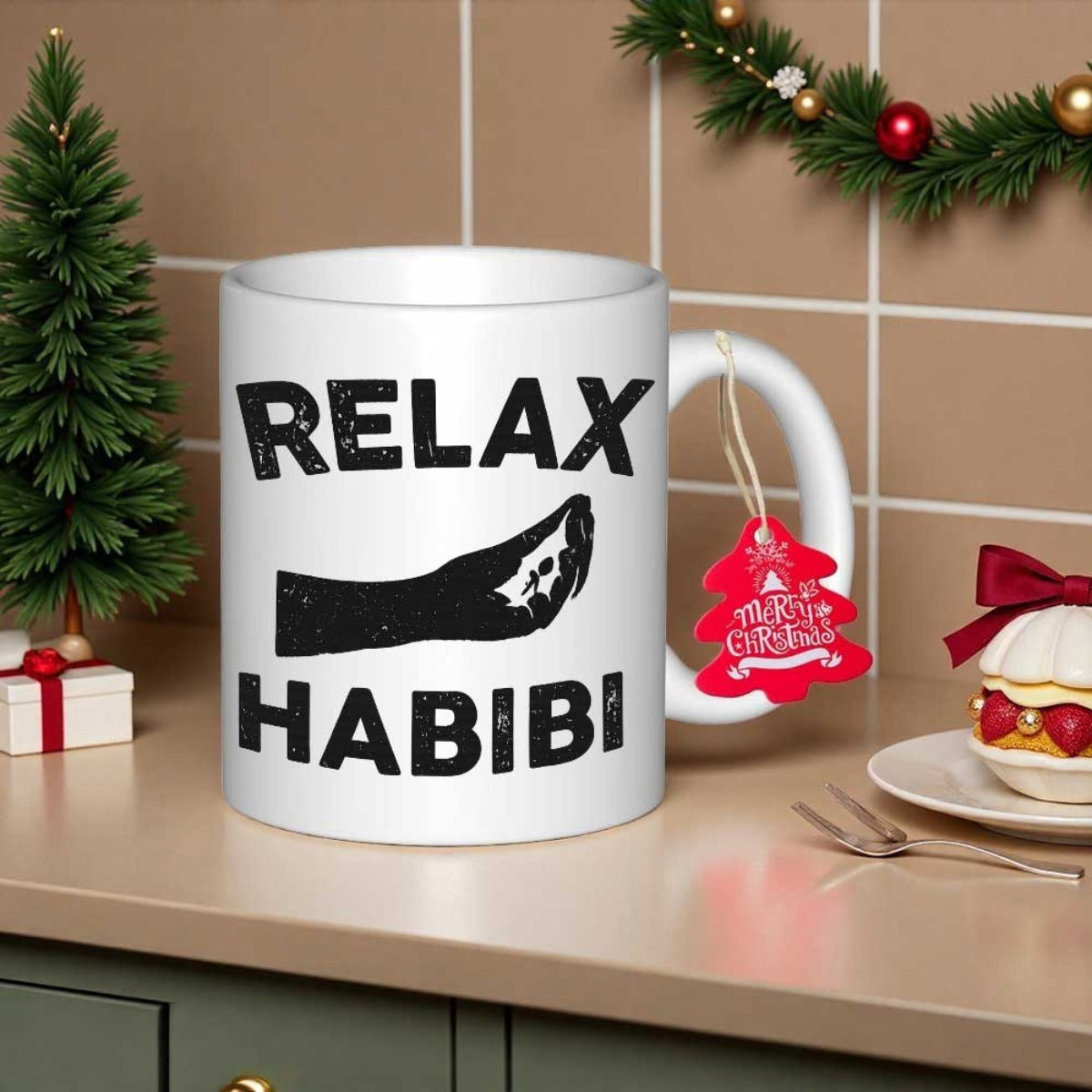 Tailorly White Ceramic 11 oz Mug - Relax Habibi Distressed Bold Typography With Minimalist Black Silhouette Gesture Hand