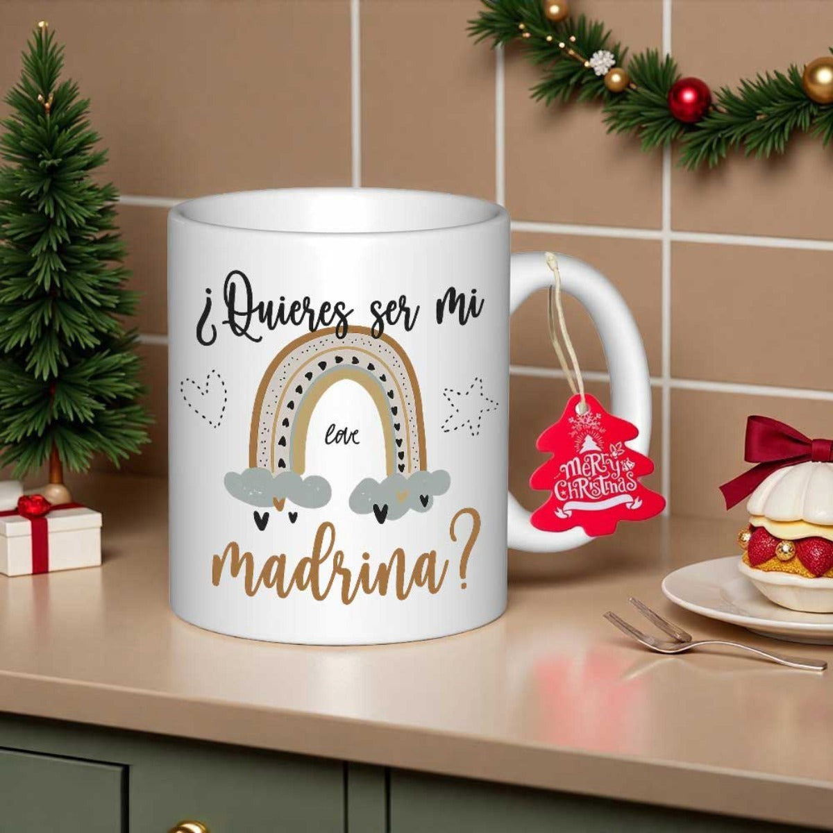 Tailorly White Ceramic 11 oz Mug - Earth Tone Boho Arches With Dotted Hearts And Floating Stars Rainbow