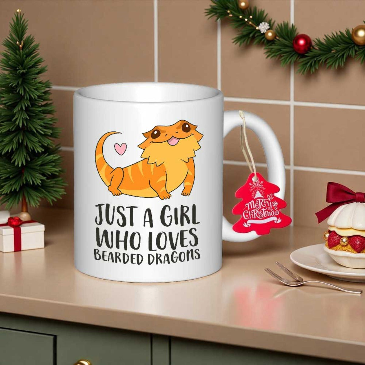 Tailorly White Ceramic 11 oz Mug - Just A Girl Who Loves Bearded Dragons Cute Orange Reptile With A Tiny Pink Heart Smiling Contently Bearded Dragon