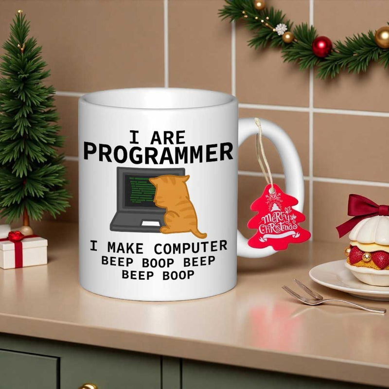 Tailorly White Ceramic 11 oz Mug - I Are Programmer I Make Computer Beep Boop Beep Beep Boop Funny Orange Tabby Cat Sitting Before A Small Computer Screen Laptop