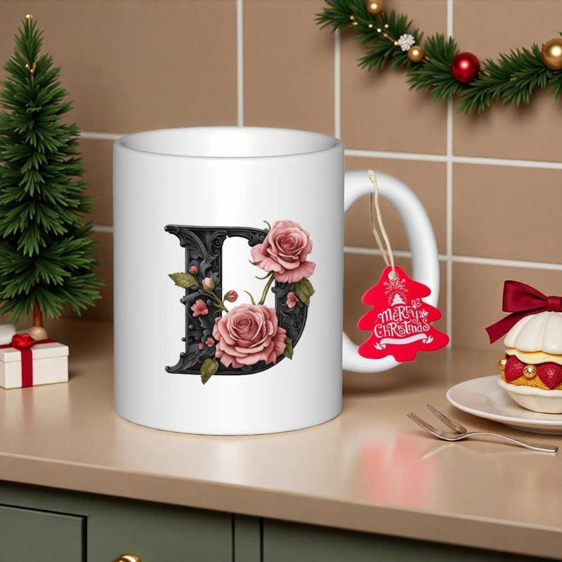 Tailorly White Ceramic 11 oz Mug - D Ornate Black Letter Embellished With Elegant Blooming Pink Roses And Leaves Flower