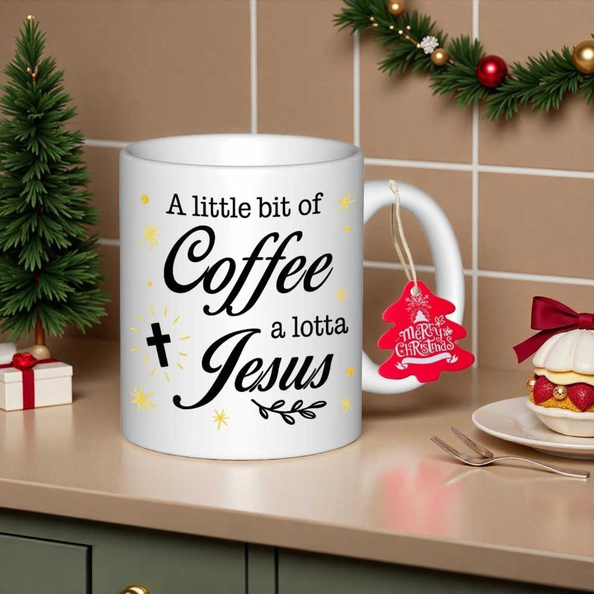 Tailorly White Ceramic 11 oz Mug - A Little Bit Of Coffee A Lotta Jesus Minimalist Religious Design With Elegant Script Lettering And Stars Mug