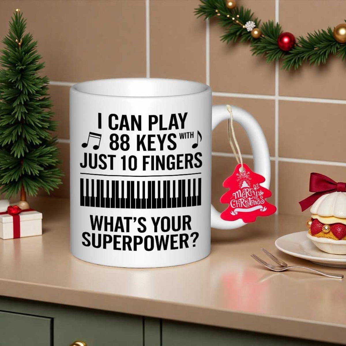 Tailorly White Ceramic 11 oz Mug - I Can Play 88 Keys With Just 10 Fingers What's Your Superpower Elegant Black And White Musical Notes Floating Above Structured