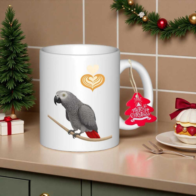 Tailorly White Ceramic 11 oz Mug - Majestic African Grey Bird Resting On Branch Beneath Golden Coffee Heart Parrot