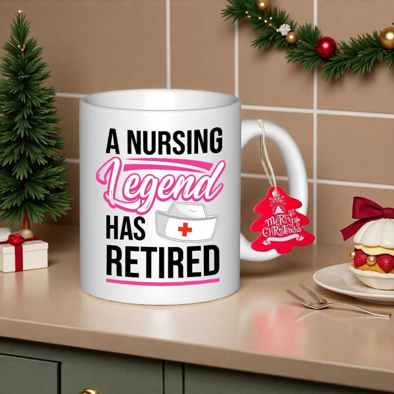Tailorly White Ceramic 11 oz Mug - A Nursing Legend Has Retired Professional Medical Headwear Featuring Red Cross With Elegant Script Accents Nurse Cap