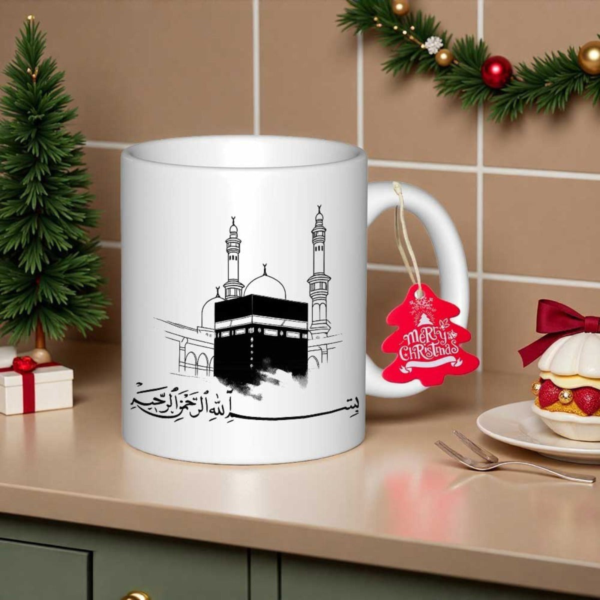 Tailorly White Ceramic 11 oz Mug - Sacred Architectural Landmark Featuring Iconic Black Cube Among Elegant Tall Minarets Kaaba
