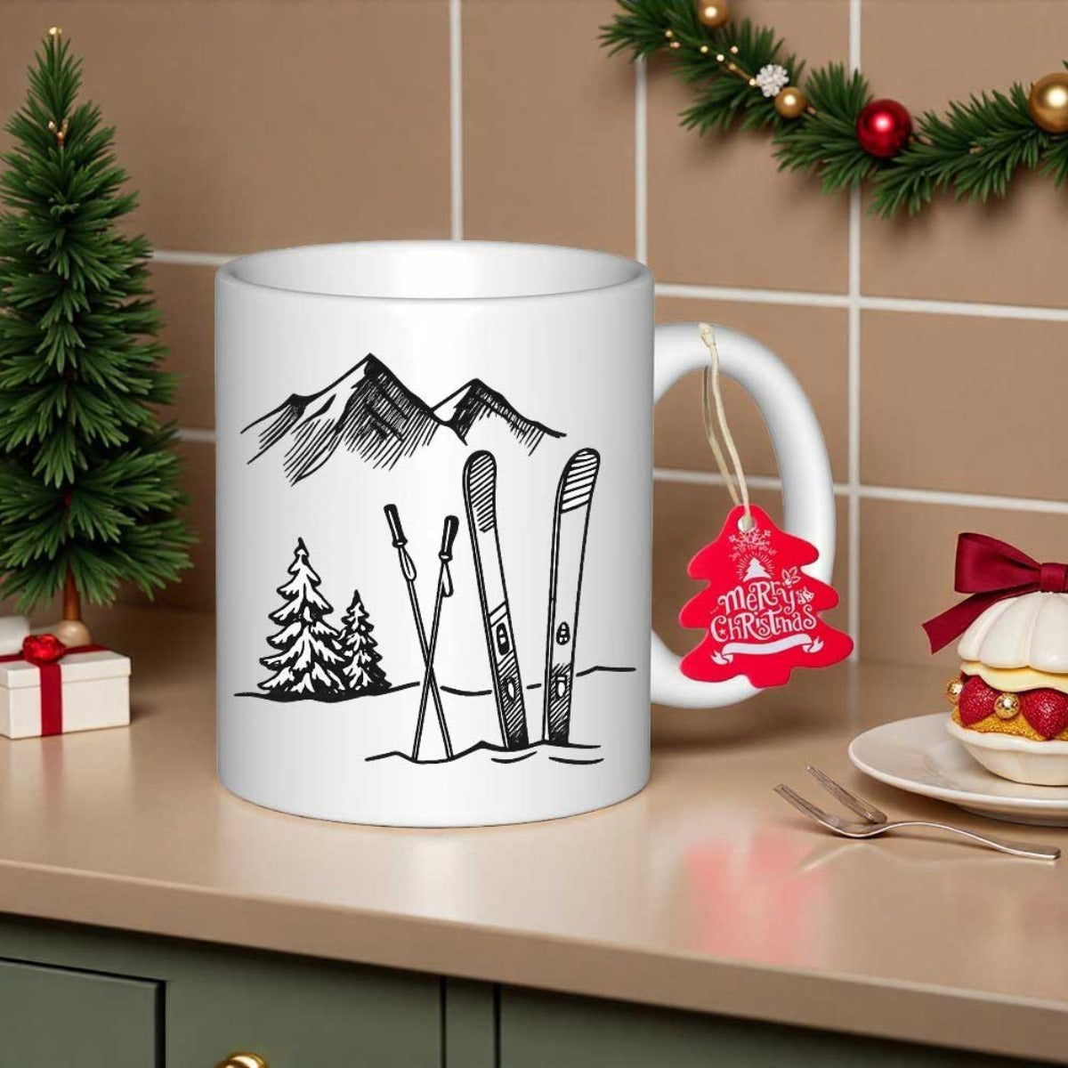 Tailorly White Ceramic 11 oz Mug - Snowy Peaks With Pine Trees And Winter Skiing Equipment Adventure Mountain