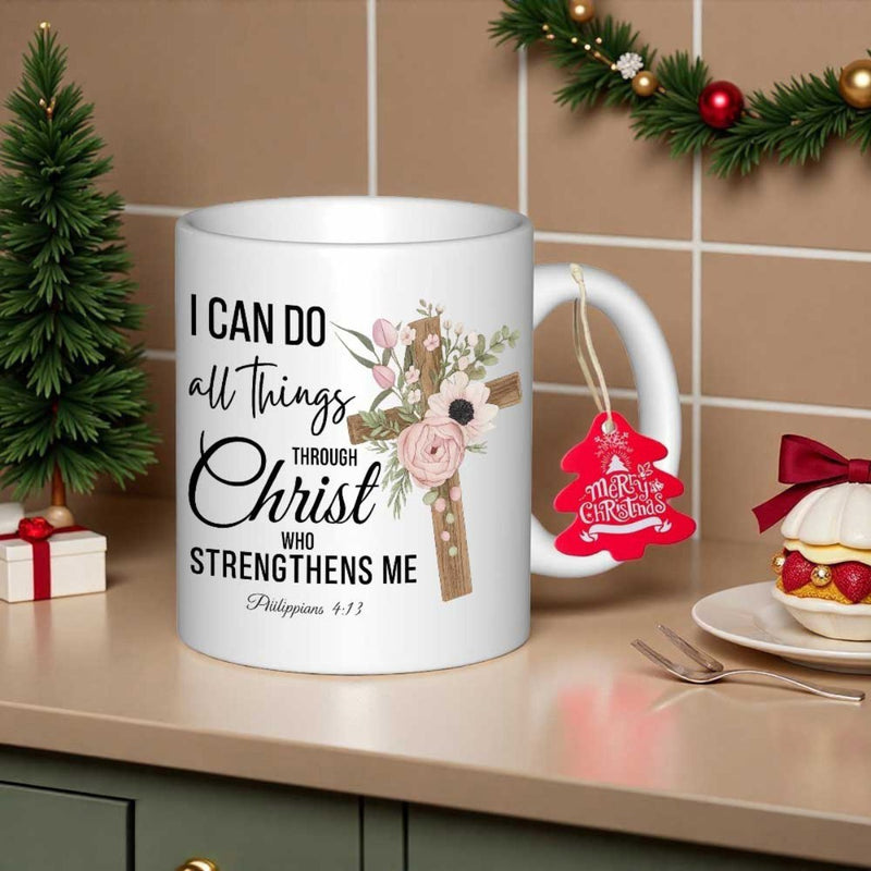 Tailorly White Ceramic 11 oz Mug - I Can Do All Things Through Christ Who Strengthens Me Philippians 4 13 Rustic Wooden Cross Decorated With Delicate Pink Flowers