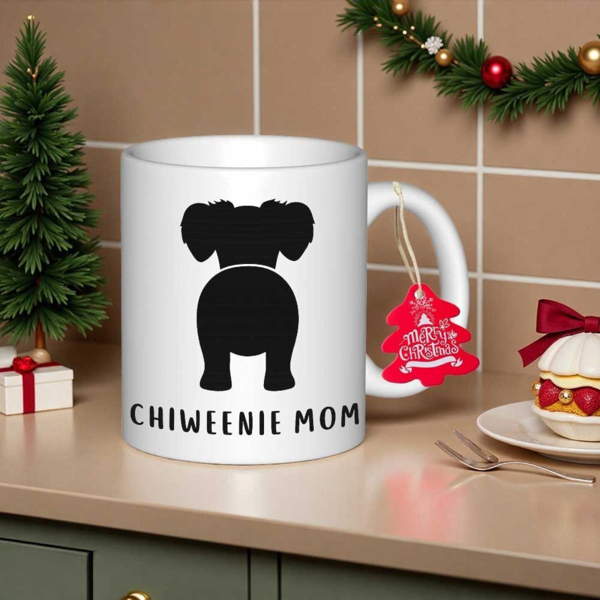 Tailorly White Ceramic 11 oz Mug - Chiweenie Mom Simple Black Silhouette Of A Small Dog From Behind Dog