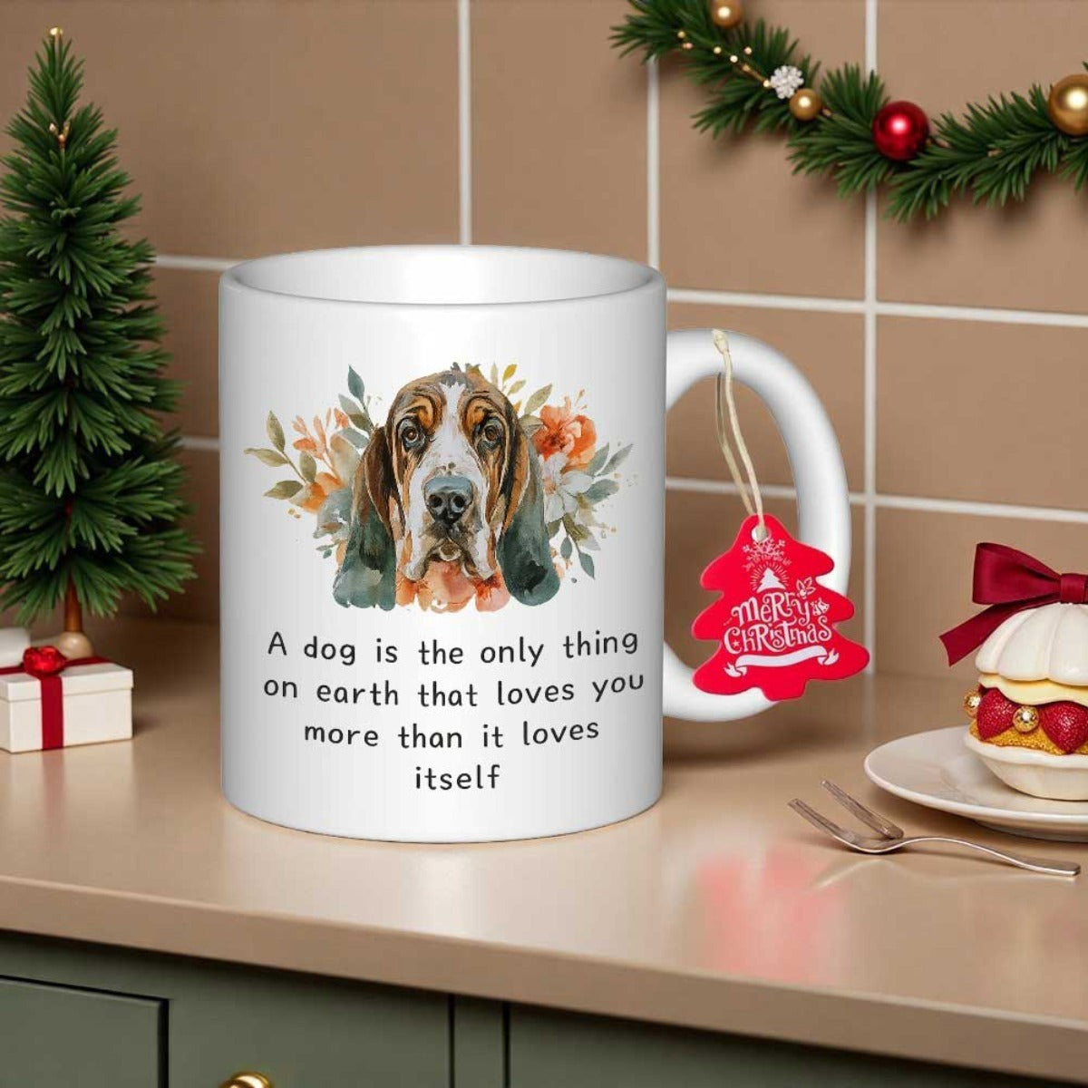 Tailorly White Ceramic 11 oz Mug - A Dog Is The Only Thing On Earth That Loves You More Than It Loves Itself Watercolor Basset Hound Head Surrounded By Beautiful