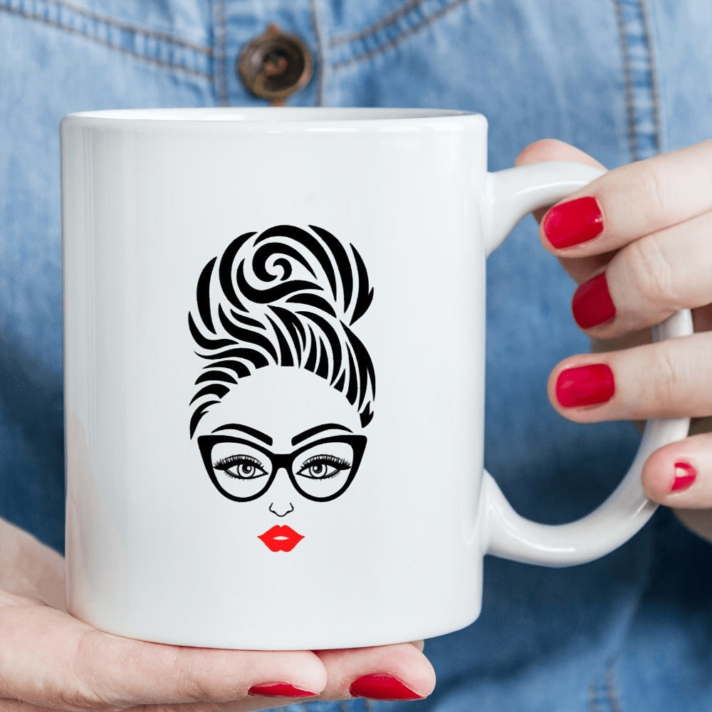 Tailorly White Ceramic 11 oz Mug - Stylish Silhouette With Messy Bun Wearing Trendy Cat Eye Glasses Woman