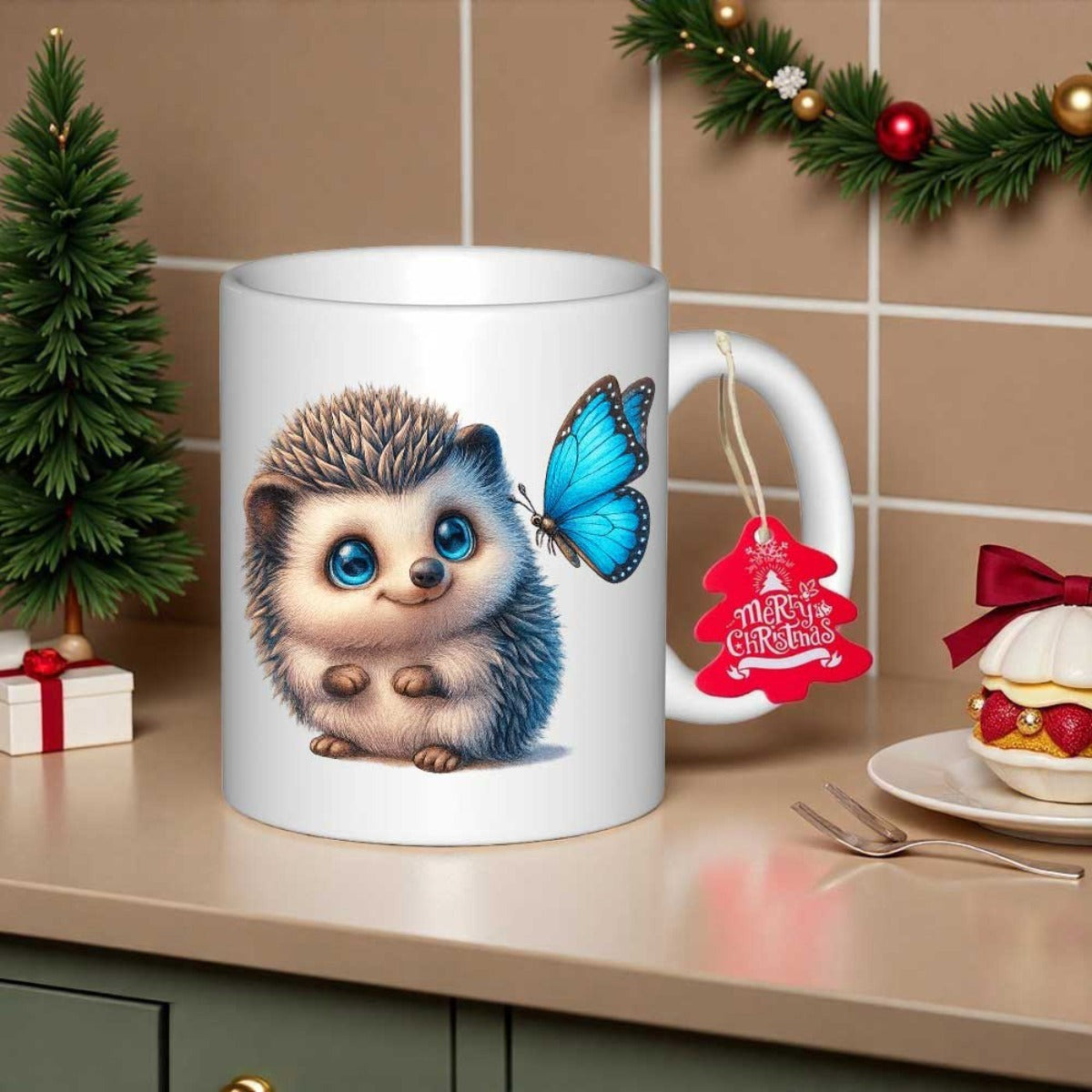 Tailorly White Ceramic 11 oz Mug - Merry Christmas Adorable Tiny Creature With Vibrant Blue Butterfly On Nose Hedgehog