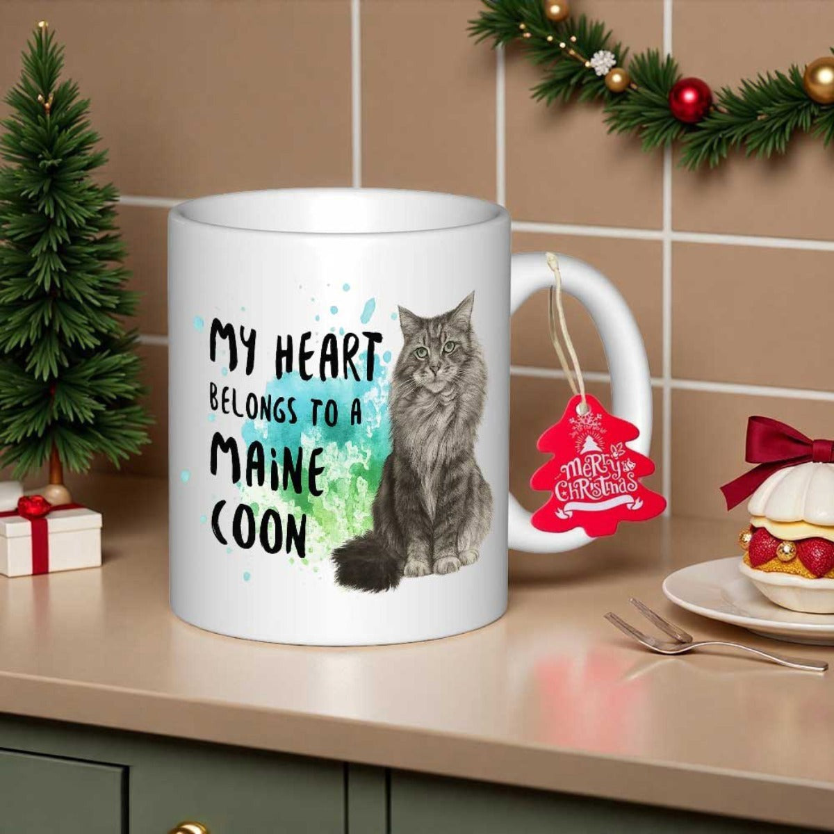 Tailorly White Ceramic 11 oz Mug - My Heart Belongs To A Maine Coon Majestic Long Haired Feline Sitting Among Colorful Artistic Watercolor Splashes Cat