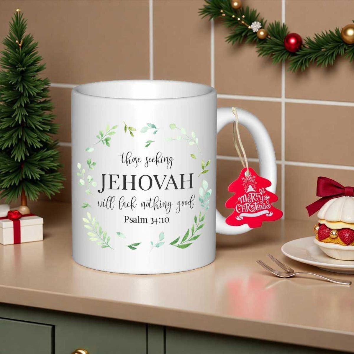Tailorly White Ceramic 11 oz Mug - Those Seeking Jehovah Will Lack Nothing Good Psalm 34 10 Elegant Green Leaf Wreath Among Delicate Botanical Watercolor Elements