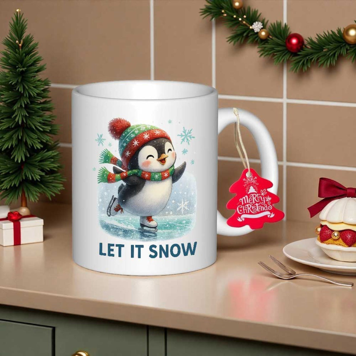 Tailorly White Ceramic 11 oz Mug - Let It Snow Joyful Cartoon Character Ice Skating Wearing Colorful Scarf Penguin