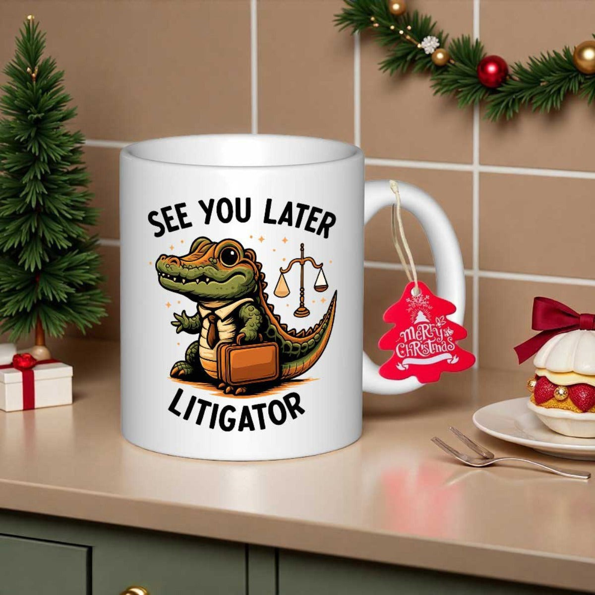 Tailorly White Ceramic 11 oz Mug - See You Later Litigator Professional Lawyer Crocodile Carrying A Briefcase Standing Near Scales Justice Alligator