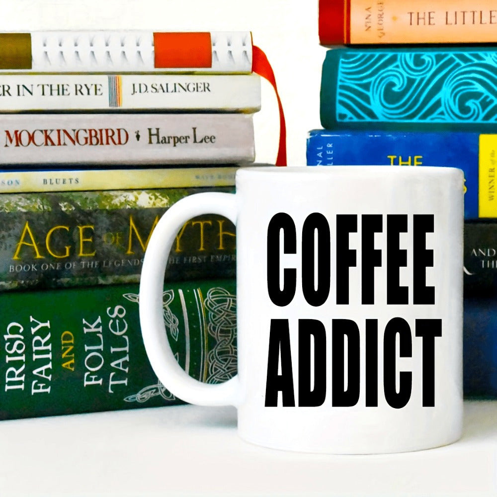 Tailorly White Ceramic 11 oz Mug - Coffee Addict Bold Black Lettering On Minimalist Smooth