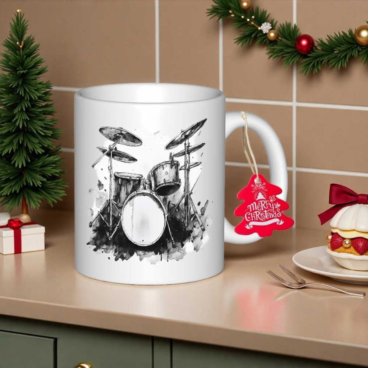 Tailorly White Ceramic 11 oz Mug - Artistic Black Ink Sketch Of Professional Percussion Musical Instruments Drum Set