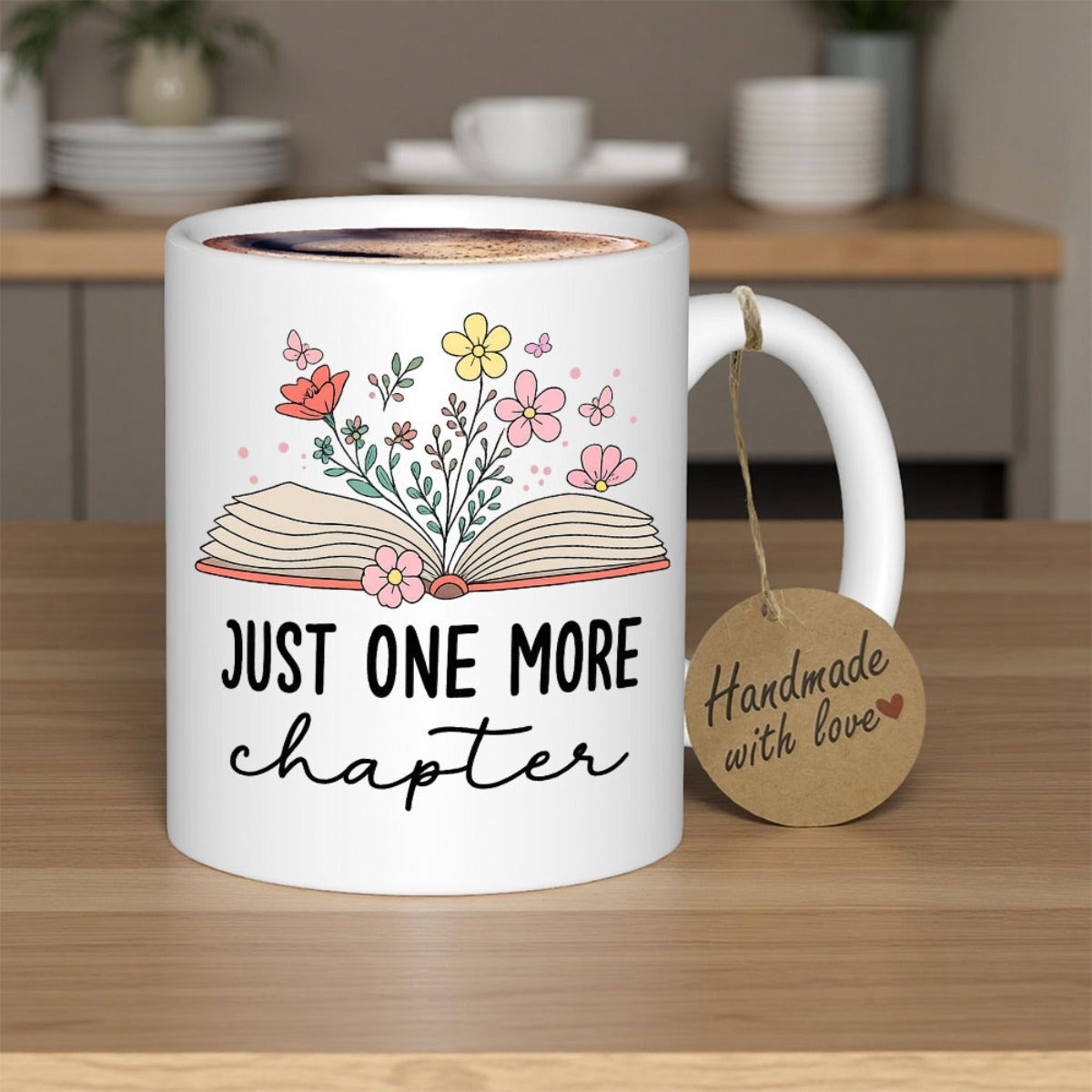 Tailorly White Ceramic 11 oz Mug - Just One More Chapter Colorful Spring Flowers Growing From An Open Vintage Book With Butterflies Book