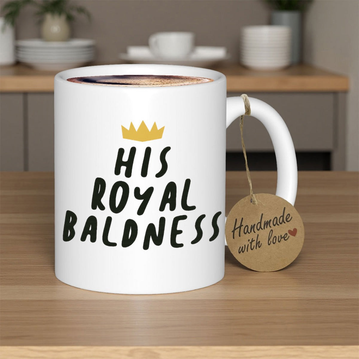 Tailorly White Ceramic 11 oz Mug - His Royal Baldness Elegant Golden Icon With Three Points Sitting Above Bold Playful Script Crown