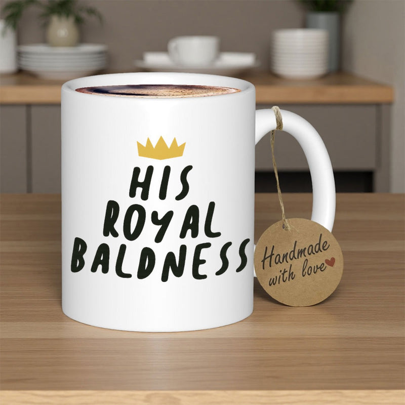 Tailorly White Ceramic 11 oz Mug - His Royal Baldness Elegant Golden Icon With Three Points Sitting Above Bold Playful Script Crown
