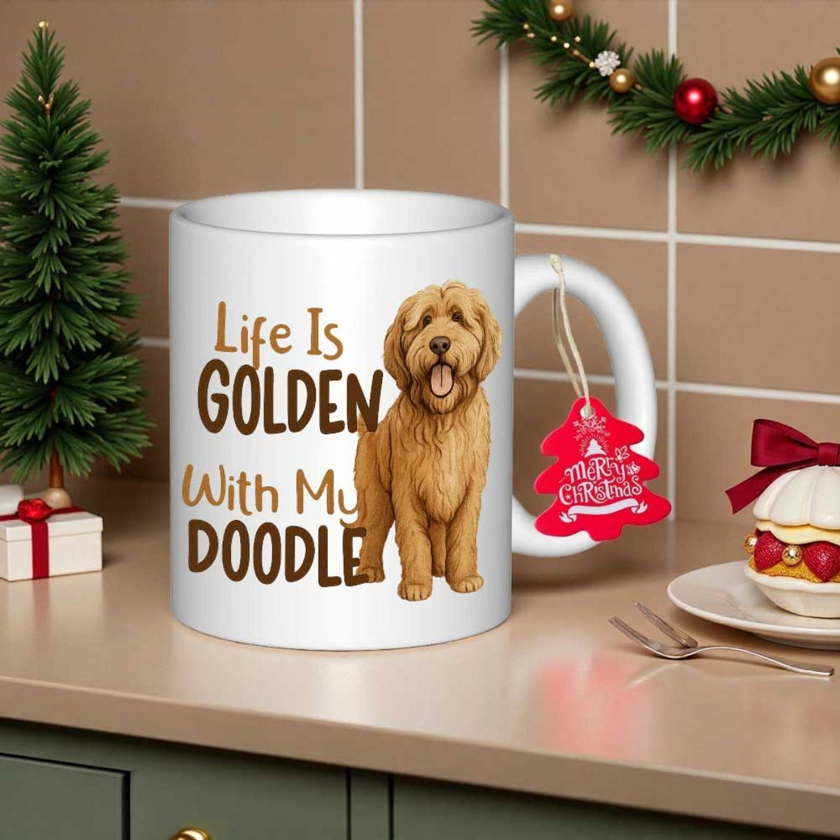 Tailorly White Ceramic 11 oz Mug - Life Is Golden With My Doodle Friendly Golden Furry Dog Standing With A Happy Smile Goldendoodle