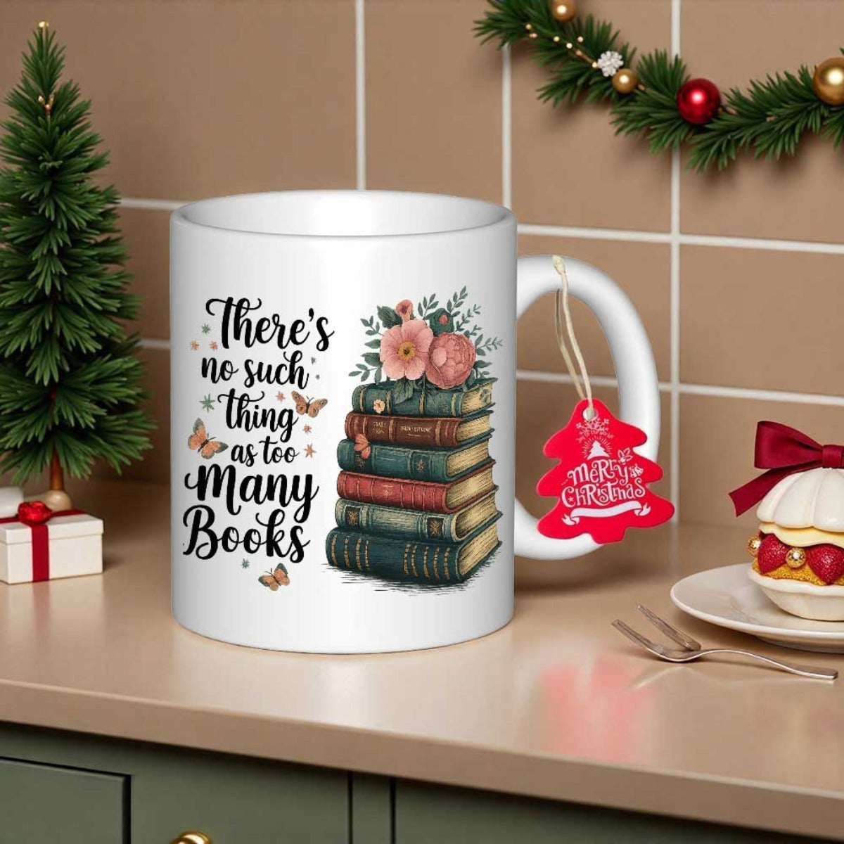 Tailorly White Ceramic 11 oz Mug - There Is No Such Thing As Too Many Books Vintage Stacks Resting With Delicate Flowers And Flying Butterflies Book
