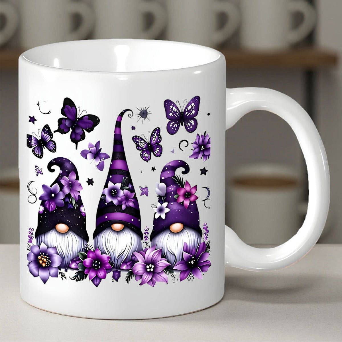 Tailorly White Ceramic 11 oz Mug - Three Whimsical Purple Garden Gnomes Among Fluttering Butterflies And Flowers Gnome