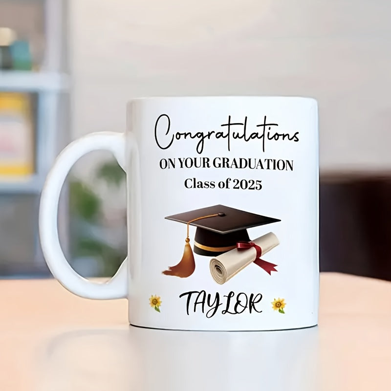 Tailorly White Ceramic 11 oz Mug - Congratulations On Your Graduation Class Of 2025 Taylor Classic Mortarboard Cap With Tassel Beside A Rolled Paper Diploma
