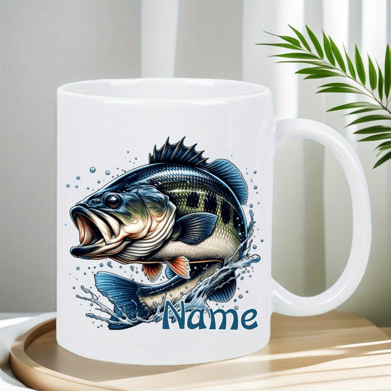 Tailorly White Ceramic 11 oz Mug - Name Realistic Large Mouth Leaping Out Of Sparkling Splashing Rippling Water Bass