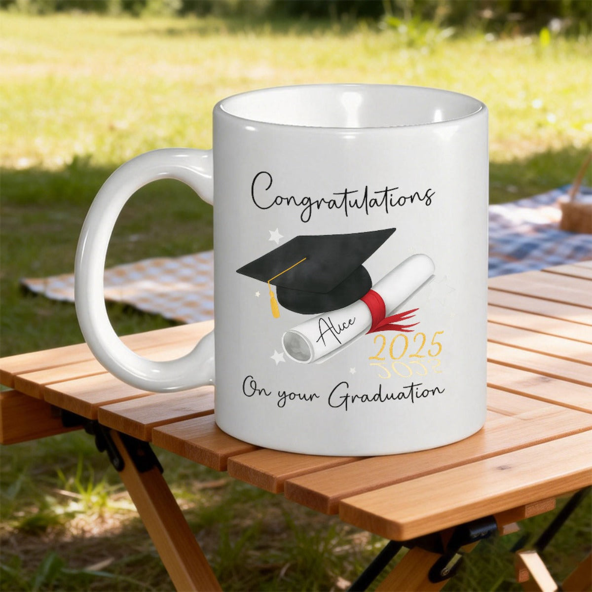 Tailorly White Ceramic 11 oz Mug - Congratulations On Your Graduation Alice 2025 Black Mortarboard And Rolled Diploma Tied With Vibrant Red Ribbon Sparkles Mug