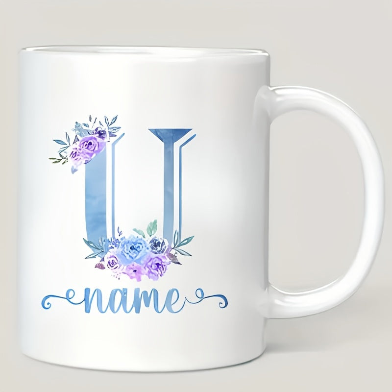 Tailorly White Ceramic 11 oz Mug - Name Soft Purple Roses And Blue Leaves Surrounding A Geometric Letter