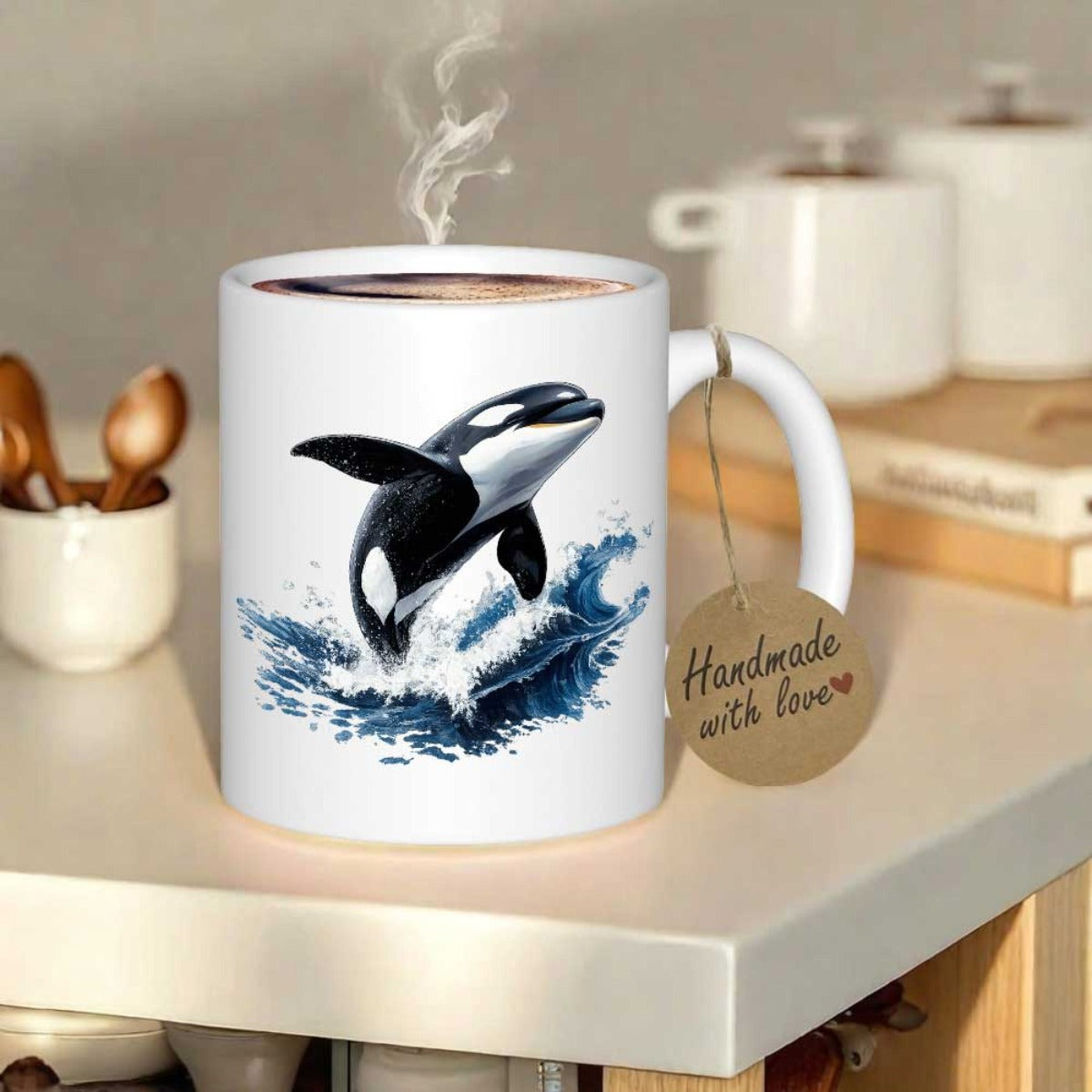 Tailorly White Ceramic 11 oz Mug - Majestic Orca Whale Leaping From Crashing Blue Ocean Waves In Mid Air Orca