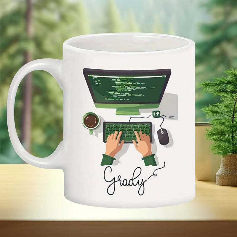 Tailorly White Ceramic 11 oz Mug - Grady Hands Busy Typing In Front Of Coding Screen With Coffee Cup Computer