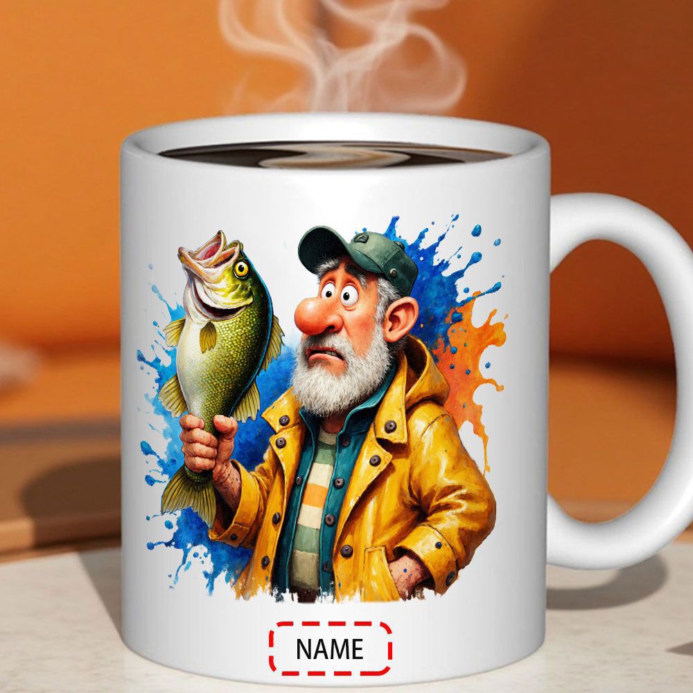 Tailorly White Ceramic 11 oz Mug - Name Cheerful Cartoon Old Man Holding A Large Bass With Vibrant Splashes Fisherman