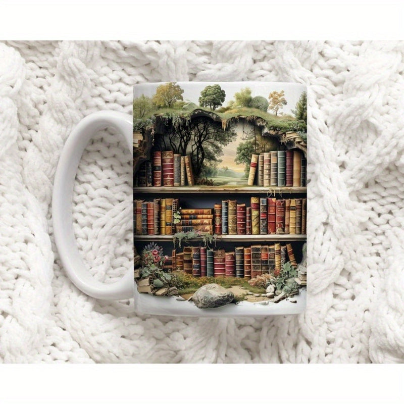 Tailorly White Ceramic 11 oz Mug - Lush Green Forest Hillside Carving With Antique Leather Bound Volumes Inside Bookshelf