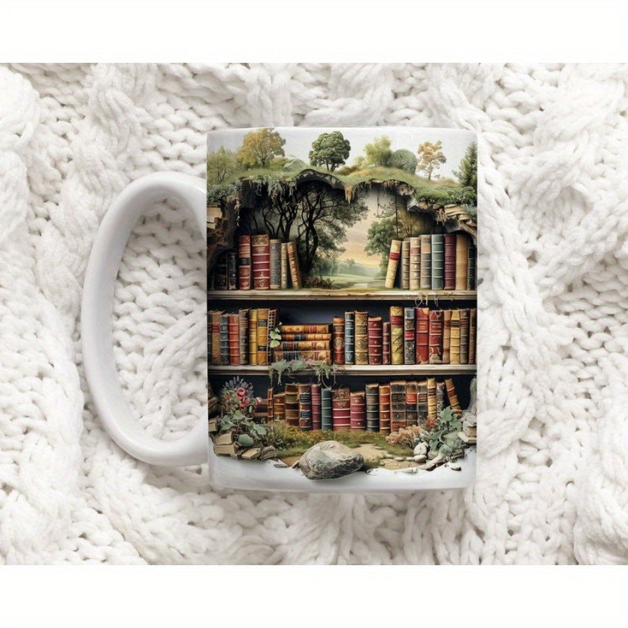 Tailorly White Ceramic 11 oz Mug - Lush Green Forest Hillside Carving With Antique Leather Bound Volumes Inside Bookshelf
