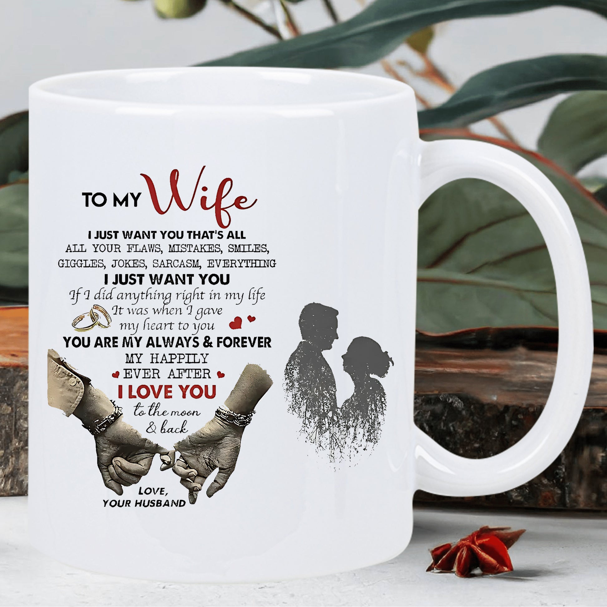 Tailorly White Ceramic 11 oz Mug - To My Wife I Just Want You Always And Forever Interlocked Pinky Promise Hands With Romantic Silhouette Couple Among Delicate