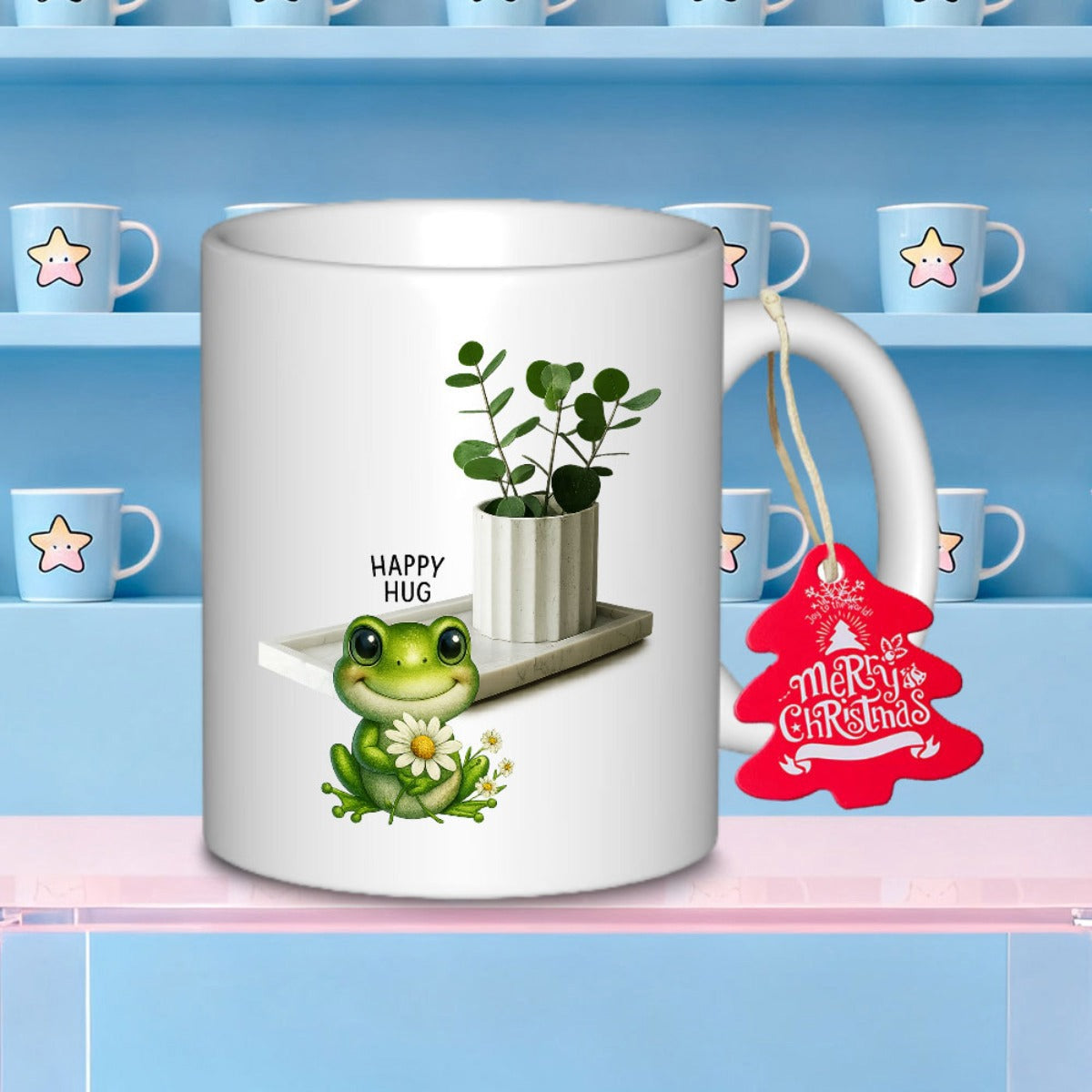 Tailorly White Ceramic 11 oz Mug - Happy Hug Adorable Green Cartoon With Small White Daisy Near Potted Green Houseplant Frog