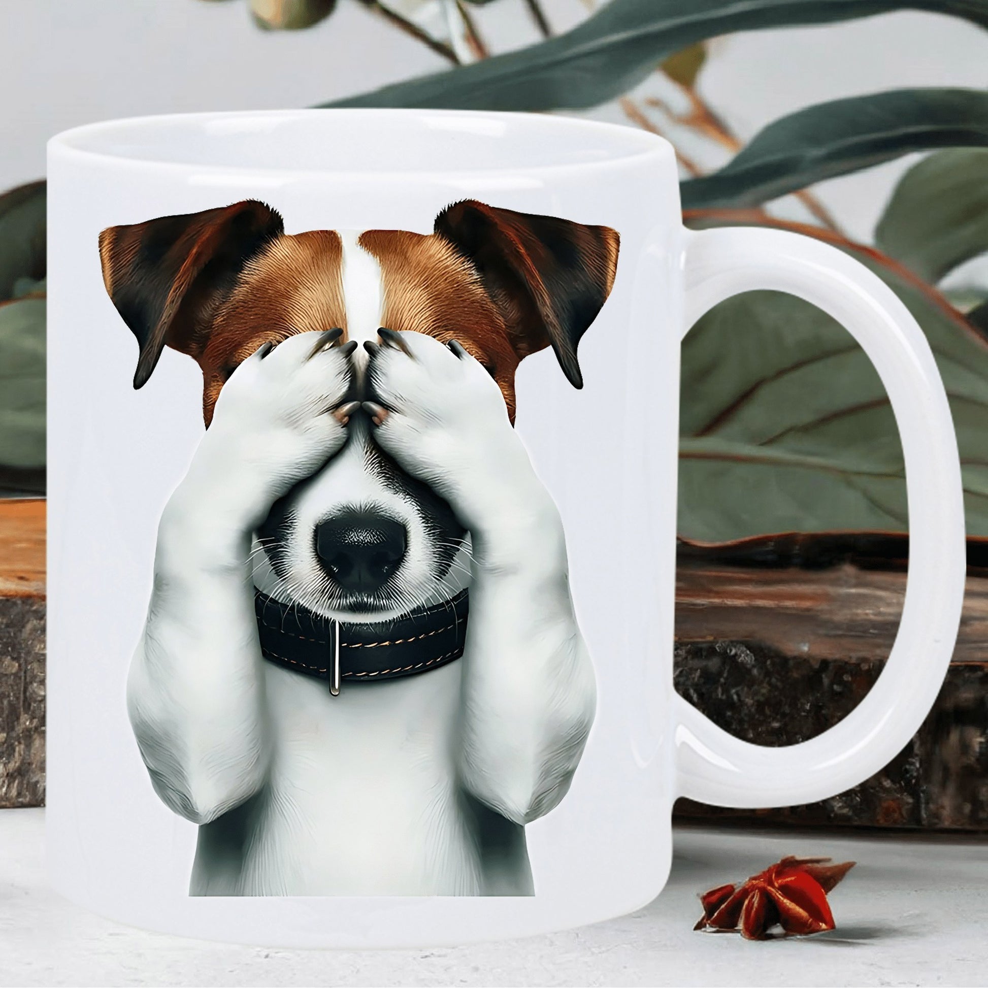 Tailorly White Ceramic 11 oz Mug - Playful Shy Jack Russell Terrier Covering Its Eyes With Gentle Paws Dog