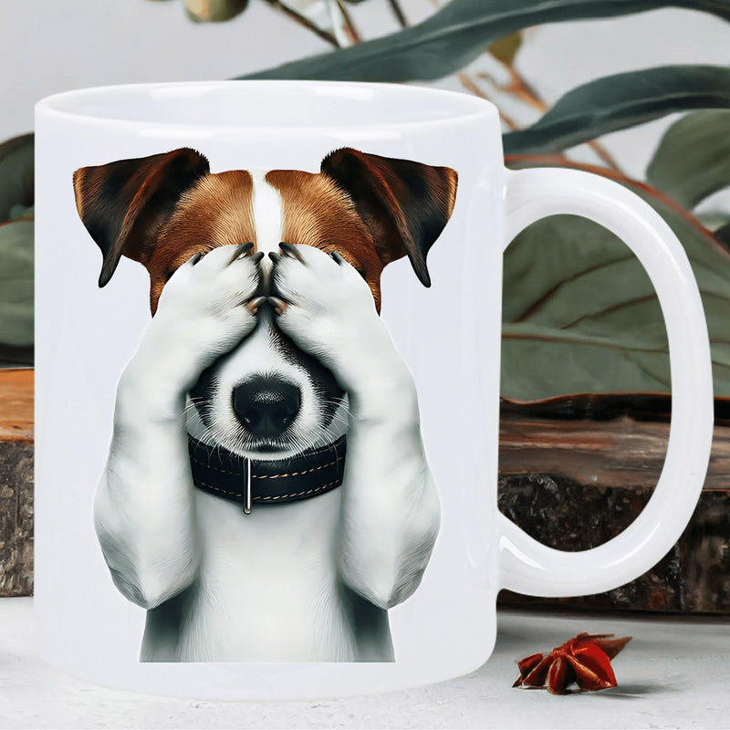 Tailorly White Ceramic 11 oz Mug - Playful Shy Jack Russell Terrier Covering Its Eyes With Gentle Paws Dog