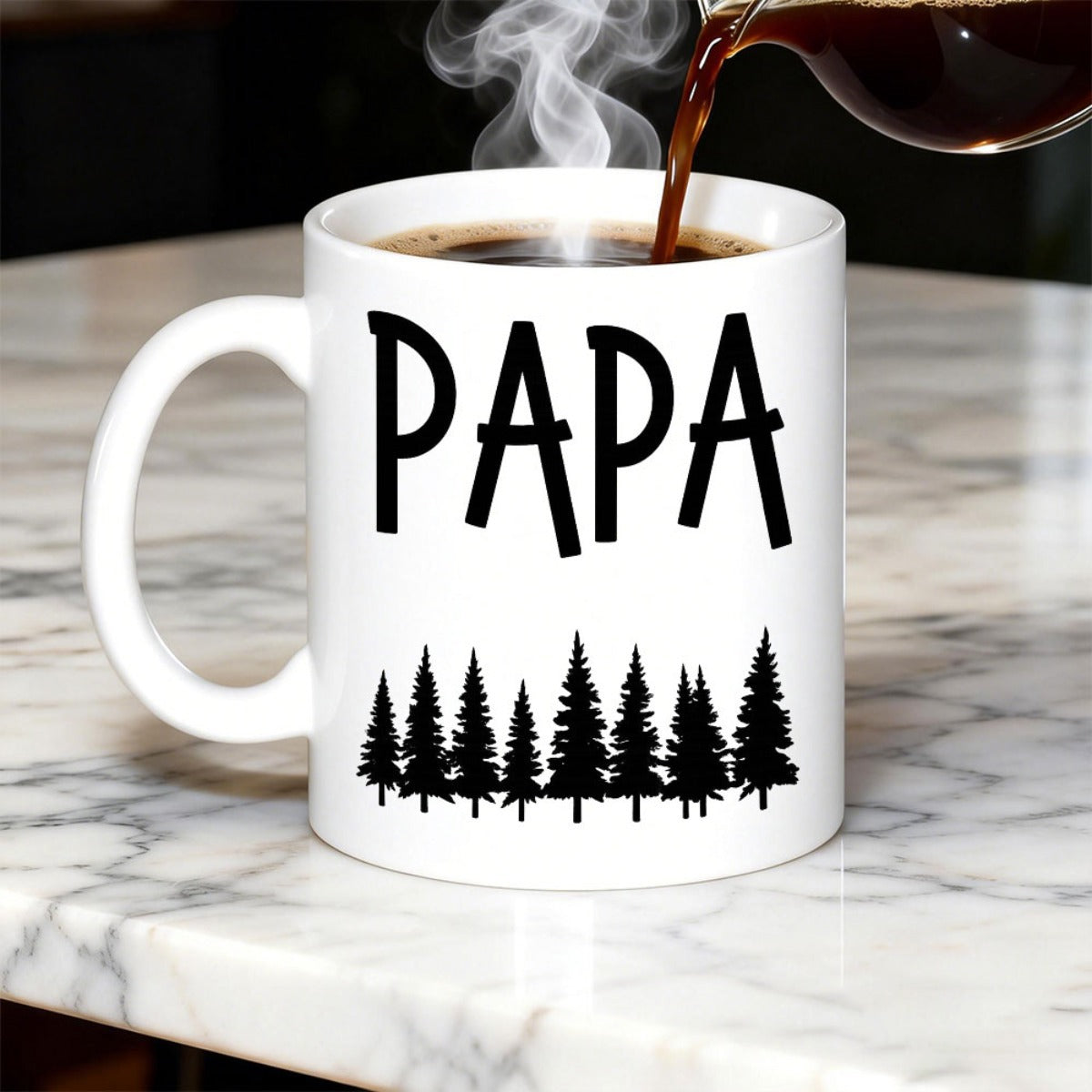 Tailorly White Ceramic 11 oz Mug - Papa Rustic Hand Lettered Style Above A Row Of Silhouette Forest Pine Tree