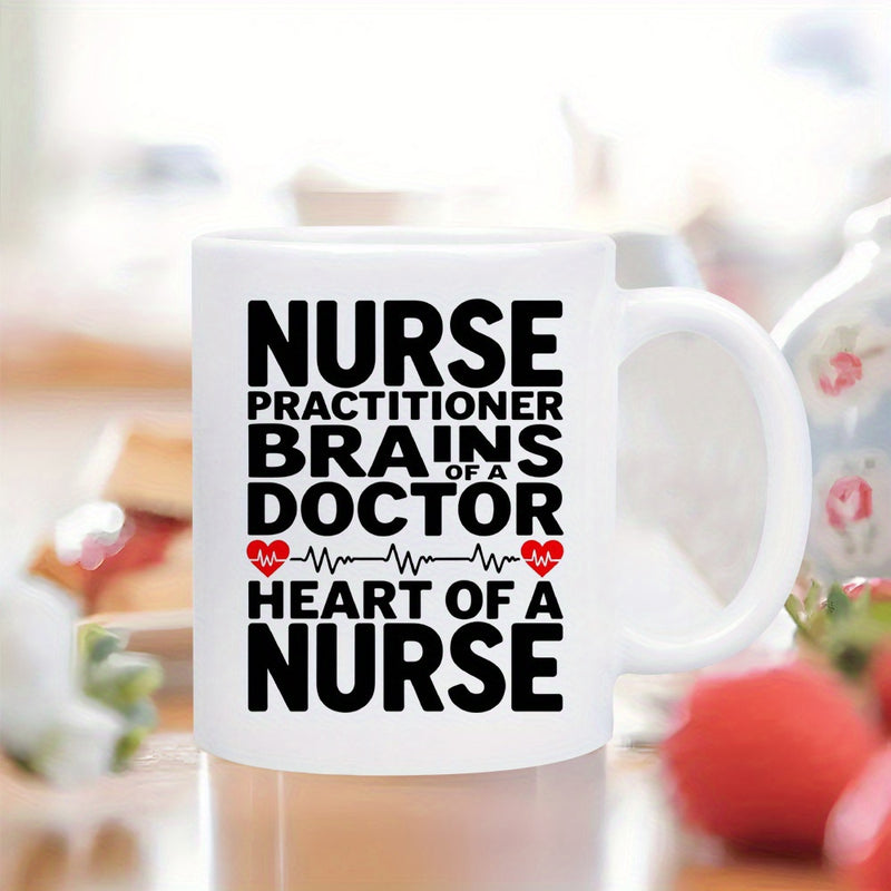 Tailorly White Ceramic 11 oz Mug - Nurse Practitioner Brains Of A Doctor Heart Of A Nurse Minimalist Medical Illustration With Small Red Hearts And Dynamic