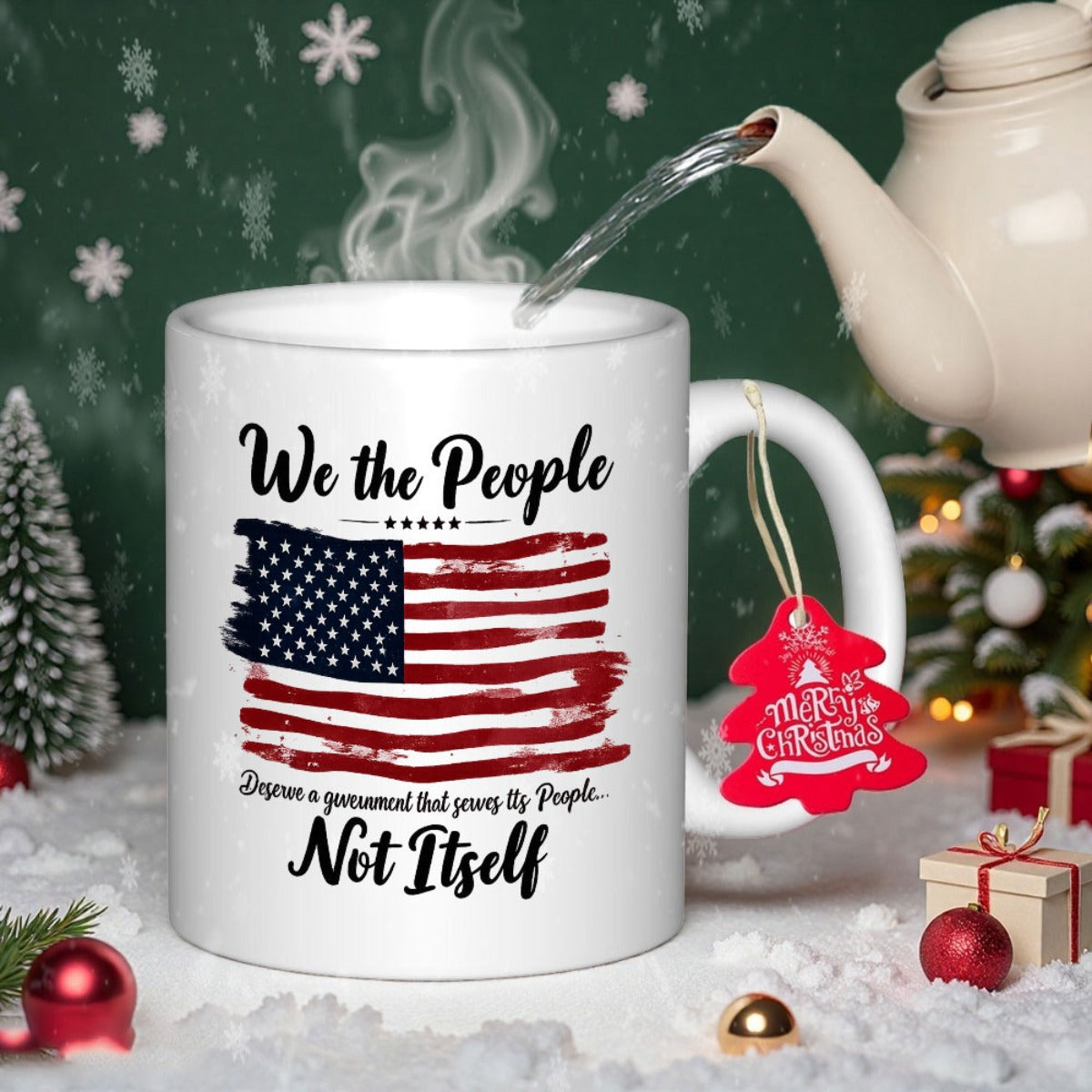 Tailorly White Ceramic 11 oz Mug - We The People Not Itself Distressed Gritty American Flag Featuring Five Stars Among Artistic Red Stripes Flag
